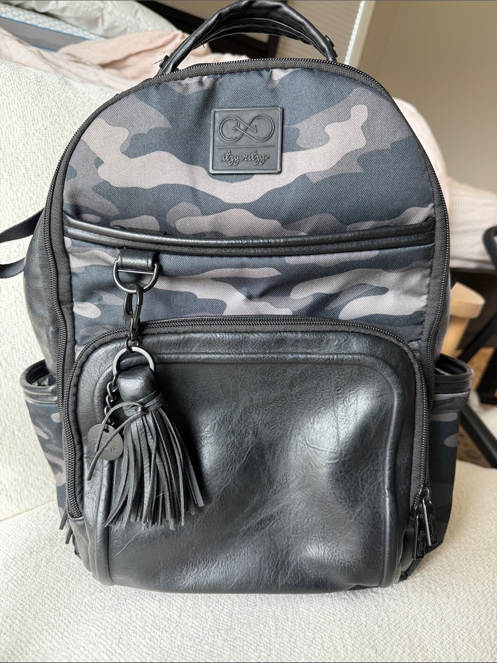 Itzy Ritzy Black & Gray Camo Men's Backpack with Tassel